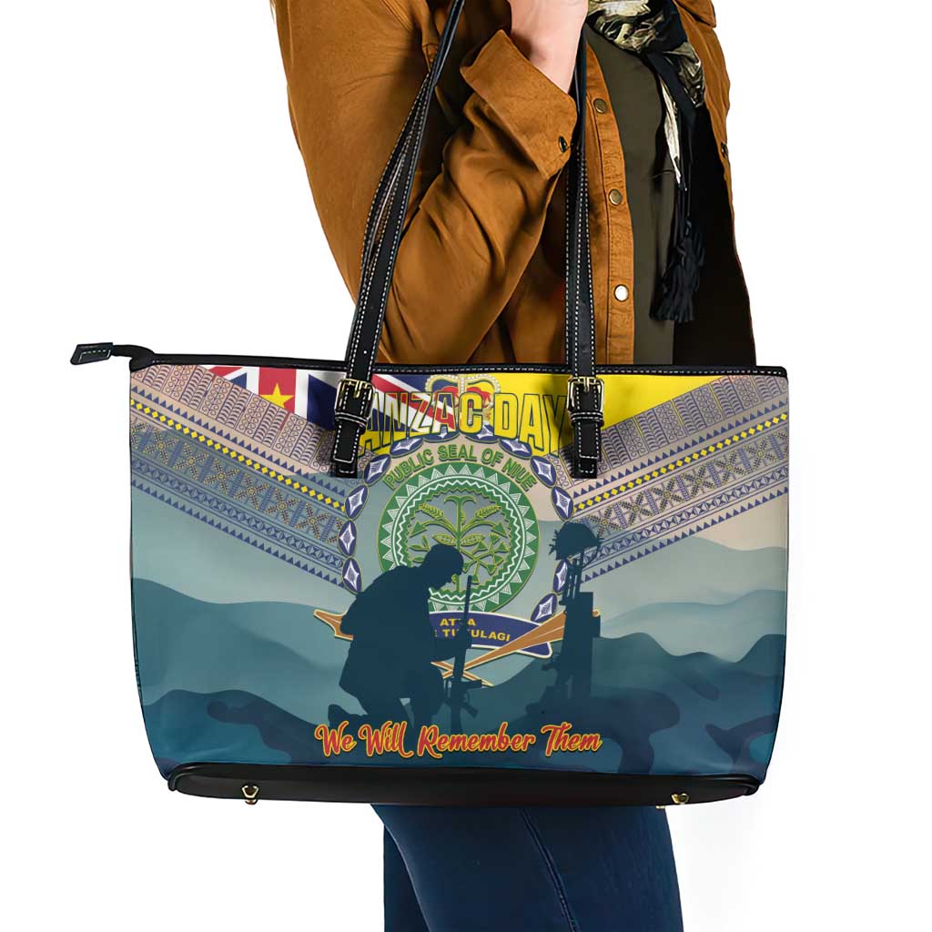 Niue ANZAC Day Leather Tote Bag We Will Remember Them Camouflage Style