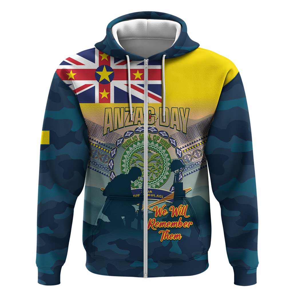 Niue ANZAC Day Zip Hoodie We Will Remember Them Camouflage Style