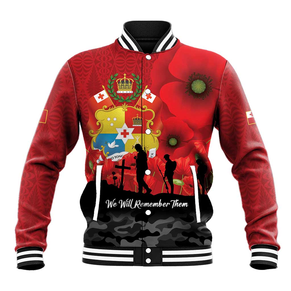 Tonga ANZAC Day Baseball Jacket Ngatu Pattern We Will Remember Them