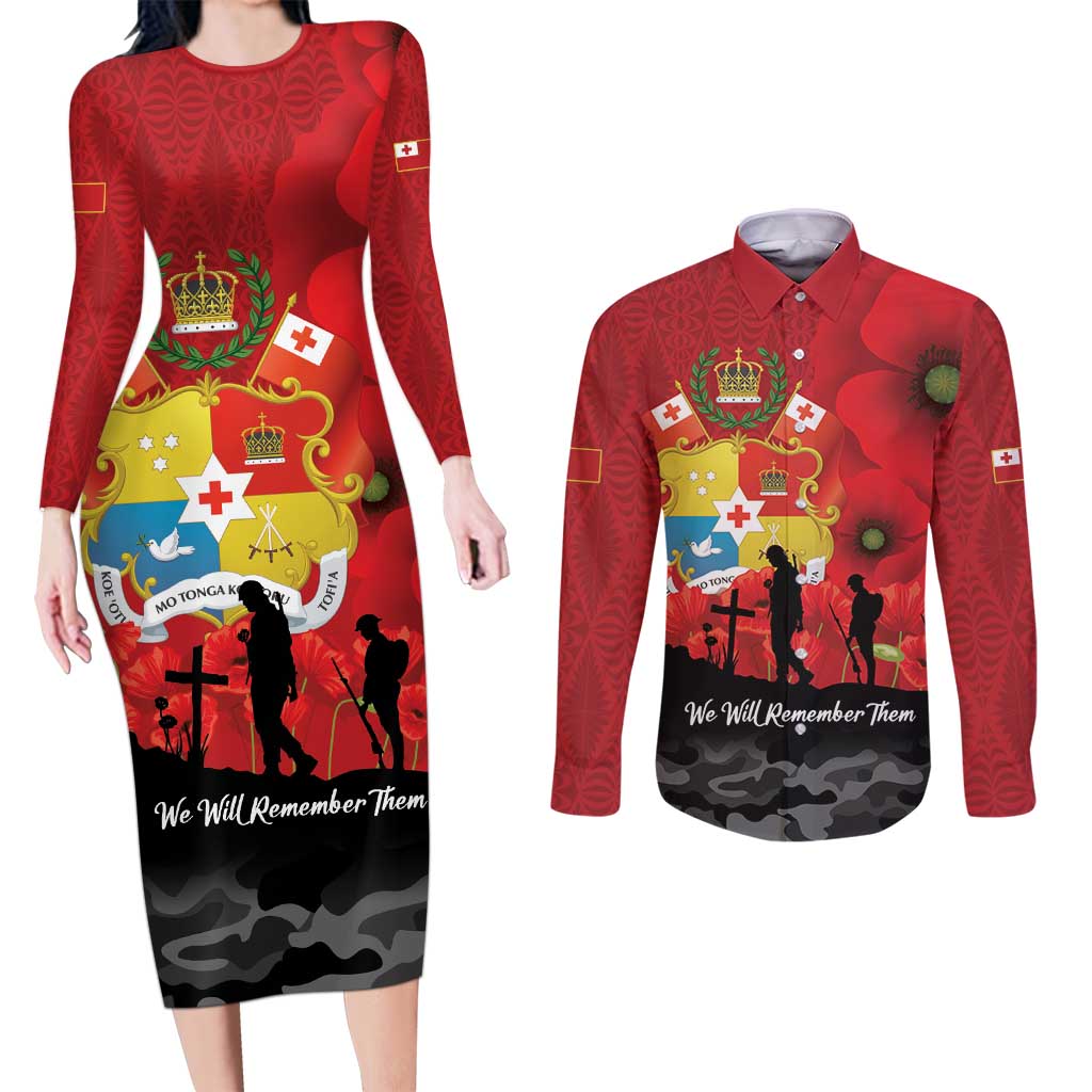 Tonga ANZAC Day Couples Matching Long Sleeve Bodycon Dress and Long Sleeve Button Shirt Ngatu Pattern We Will Remember Them
