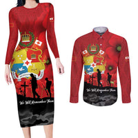 Tonga ANZAC Day Couples Matching Long Sleeve Bodycon Dress and Long Sleeve Button Shirt Ngatu Pattern We Will Remember Them