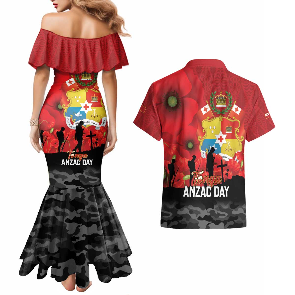 Tonga ANZAC Day Couples Matching Mermaid Dress and Hawaiian Shirt Ngatu Pattern We Will Remember Them