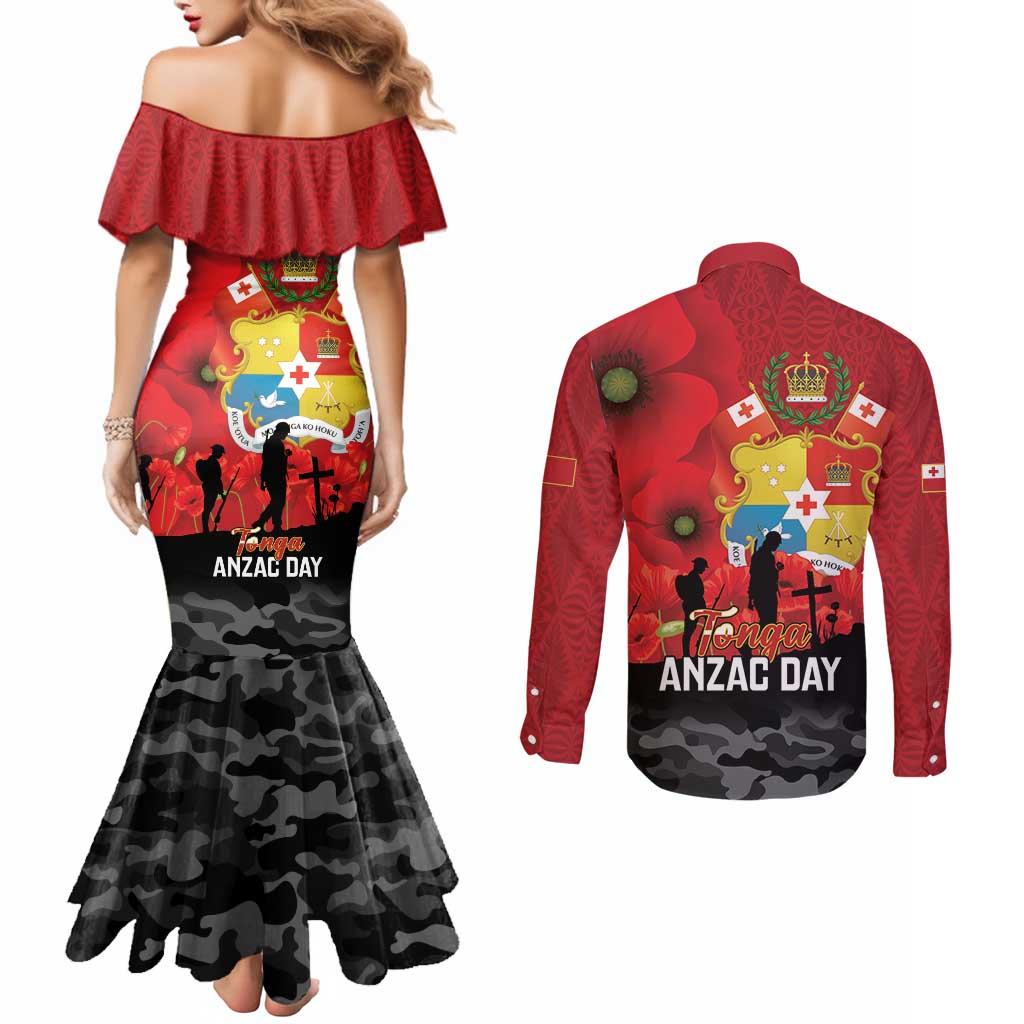 Tonga ANZAC Day Couples Matching Mermaid Dress and Long Sleeve Button Shirt Ngatu Pattern We Will Remember Them