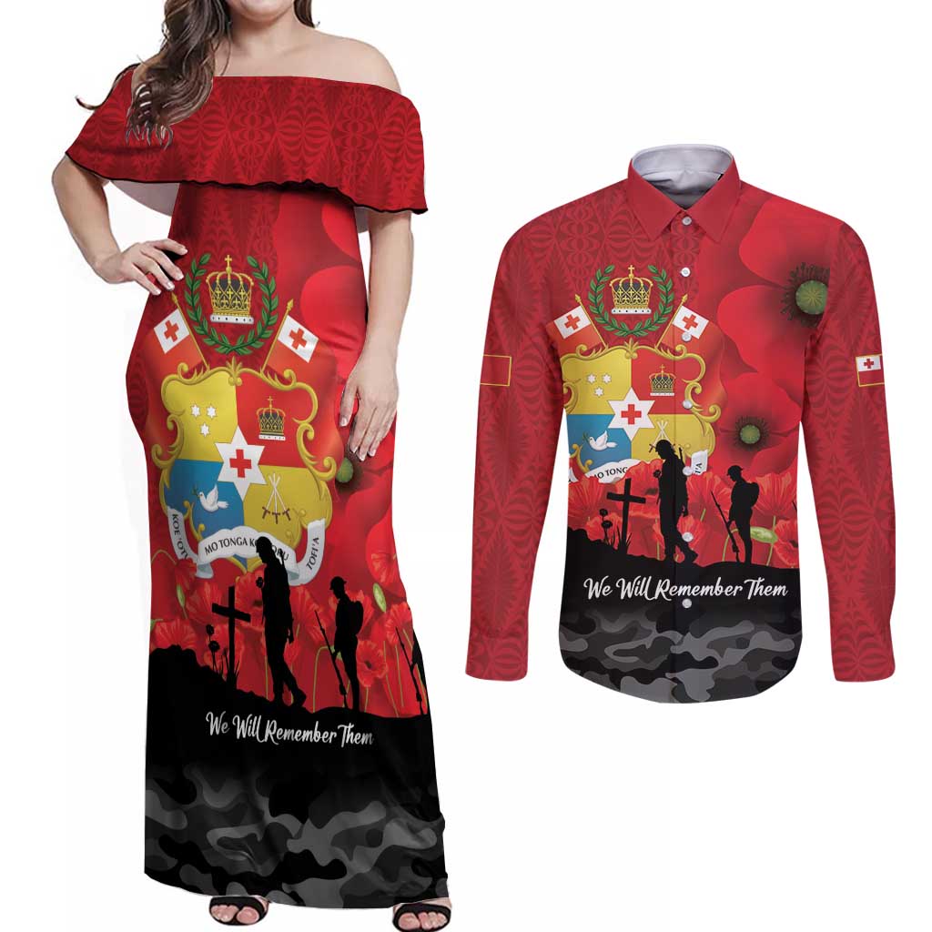Tonga ANZAC Day Couples Matching Off Shoulder Maxi Dress and Long Sleeve Button Shirt Ngatu Pattern We Will Remember Them