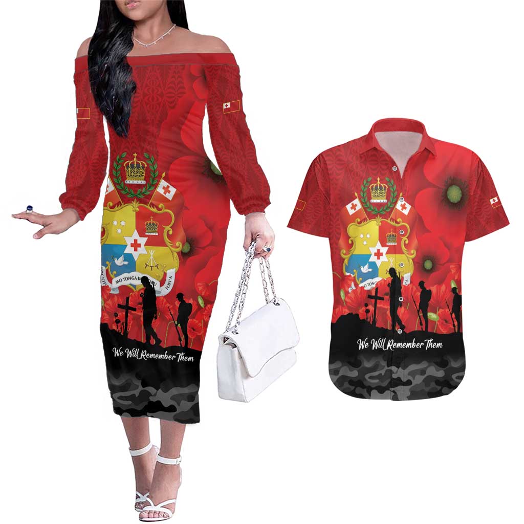 Tonga ANZAC Day Couples Matching Off The Shoulder Long Sleeve Dress and Hawaiian Shirt Ngatu Pattern We Will Remember Them