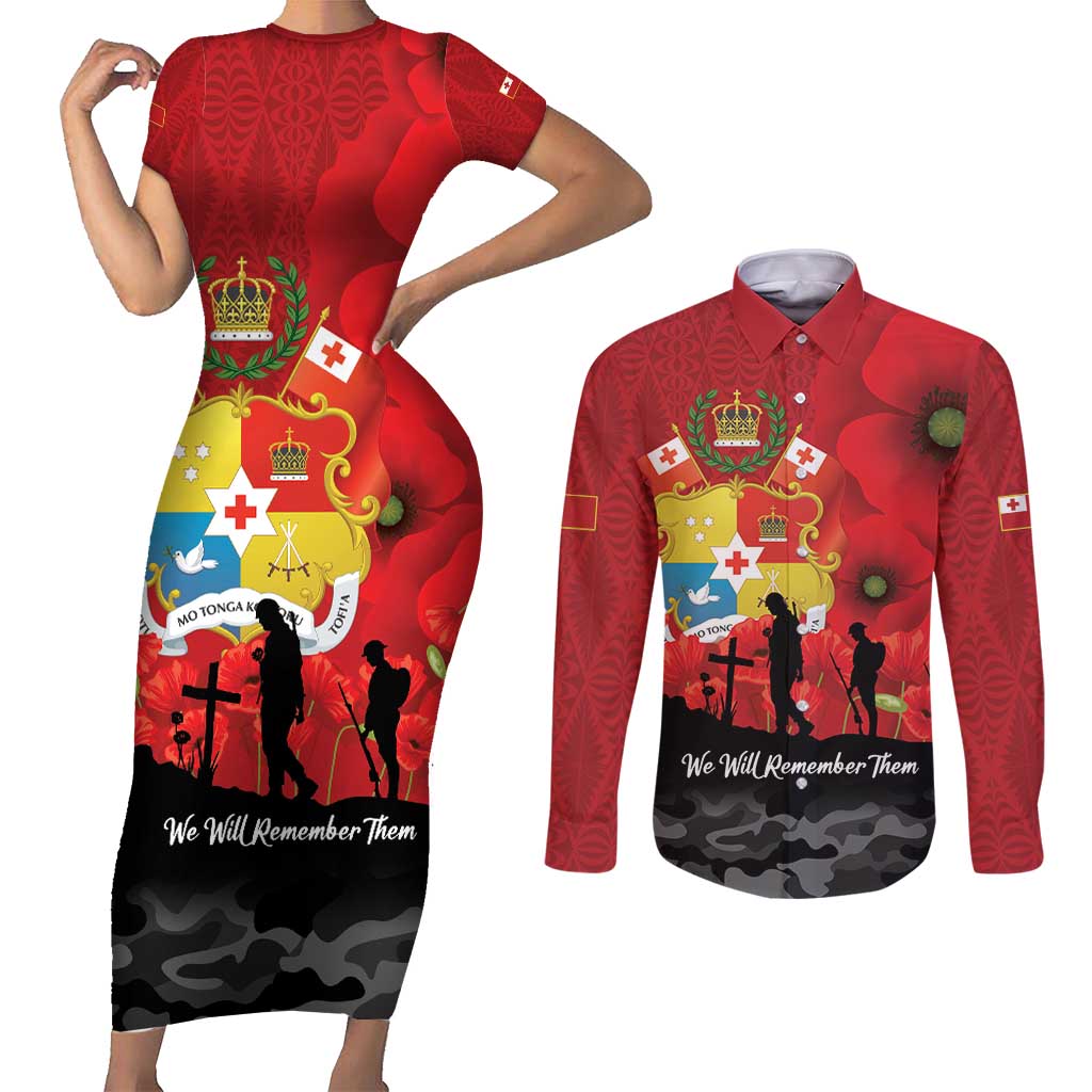 Tonga ANZAC Day Couples Matching Short Sleeve Bodycon Dress and Long Sleeve Button Shirt Ngatu Pattern We Will Remember Them