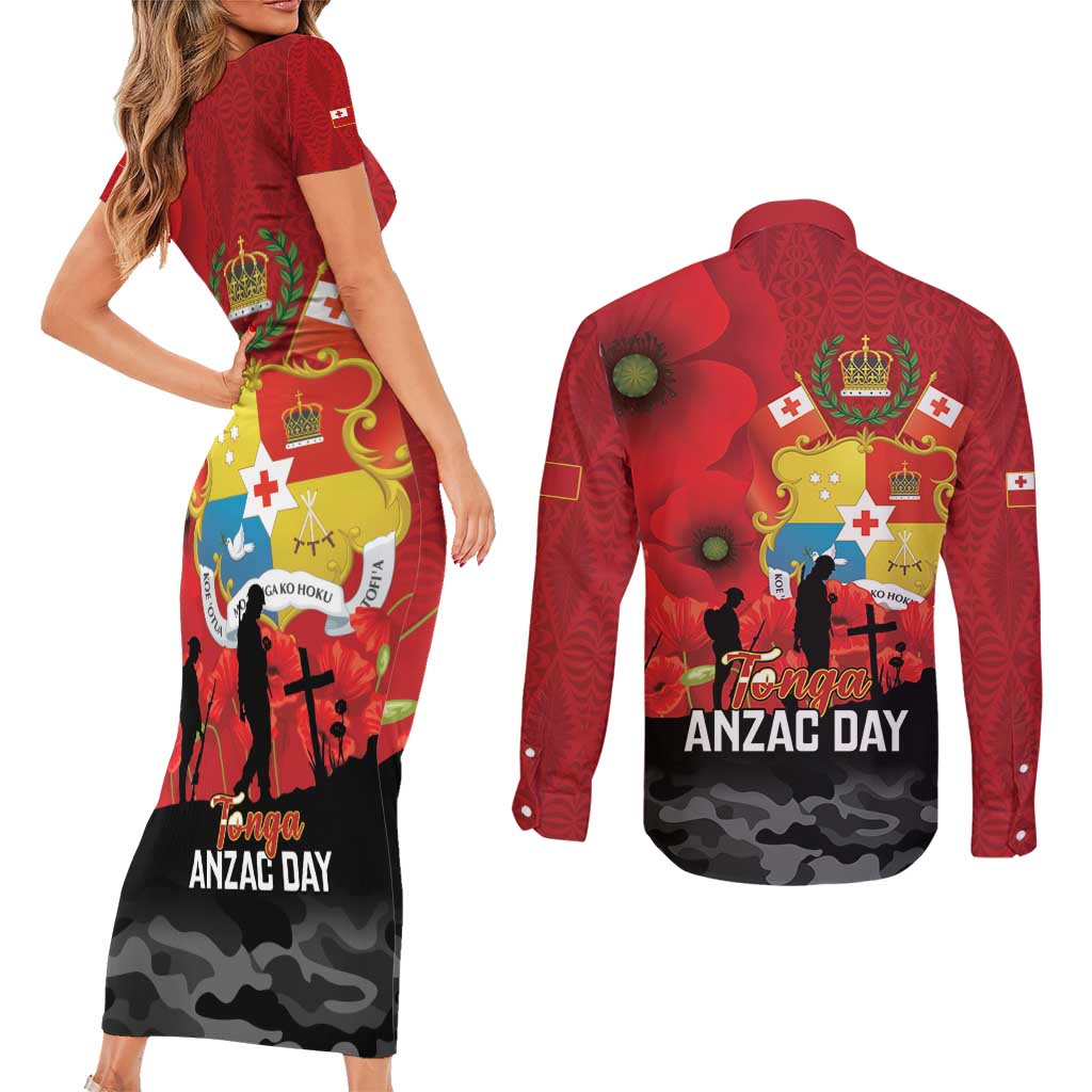 Tonga ANZAC Day Couples Matching Short Sleeve Bodycon Dress and Long Sleeve Button Shirt Ngatu Pattern We Will Remember Them