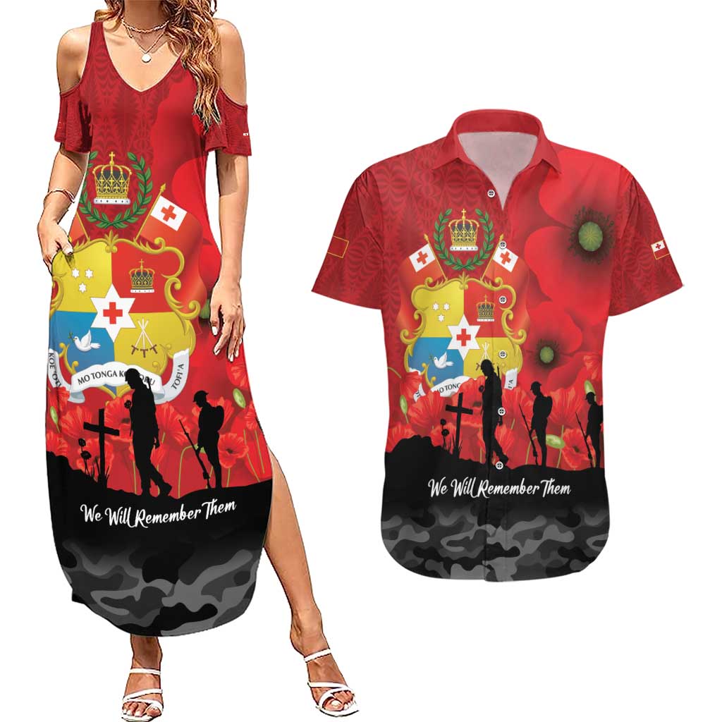 Tonga ANZAC Day Couples Matching Summer Maxi Dress and Hawaiian Shirt Ngatu Pattern We Will Remember Them