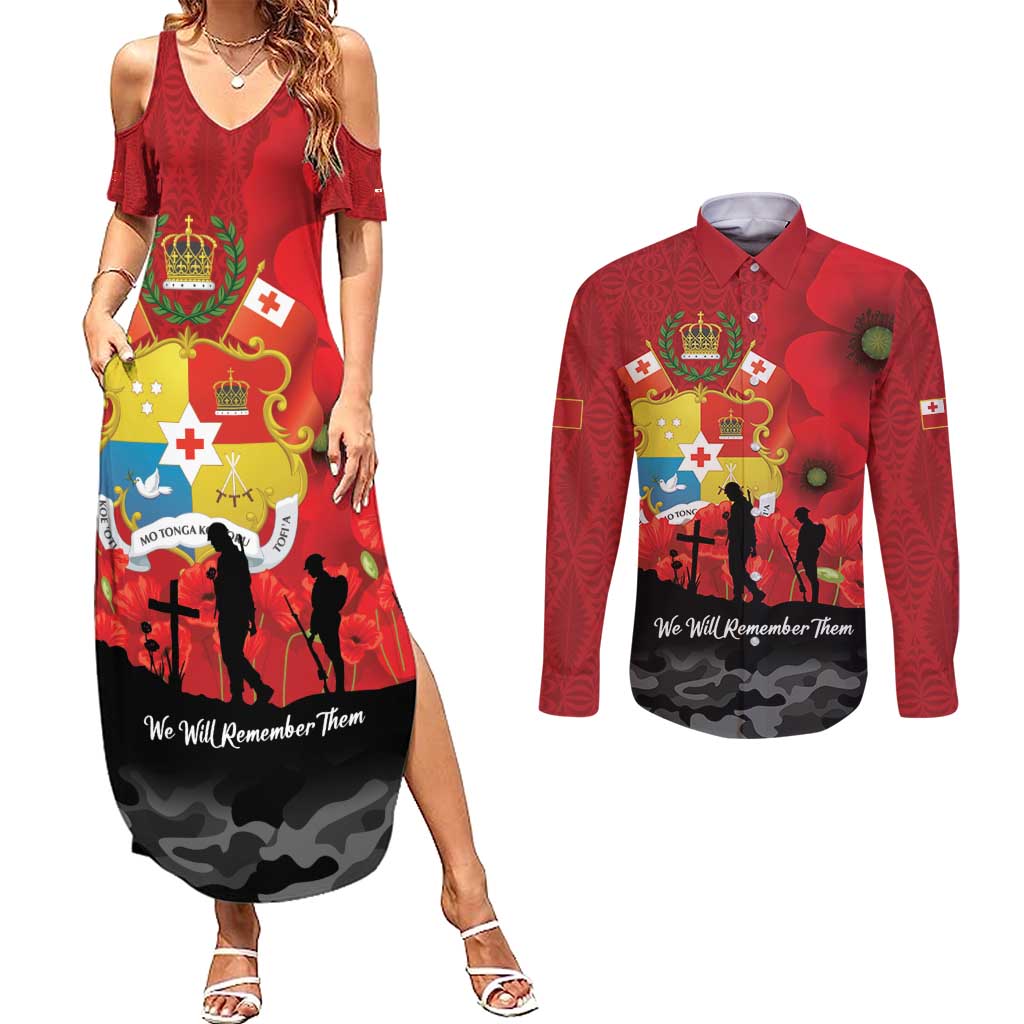 Tonga ANZAC Day Couples Matching Summer Maxi Dress and Long Sleeve Button Shirt Ngatu Pattern We Will Remember Them