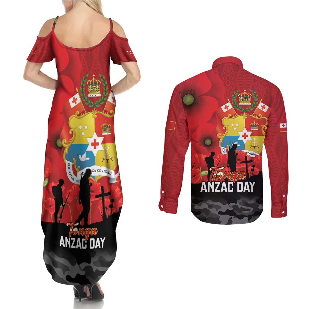 Tonga ANZAC Day Couples Matching Summer Maxi Dress and Long Sleeve Button Shirt Ngatu Pattern We Will Remember Them