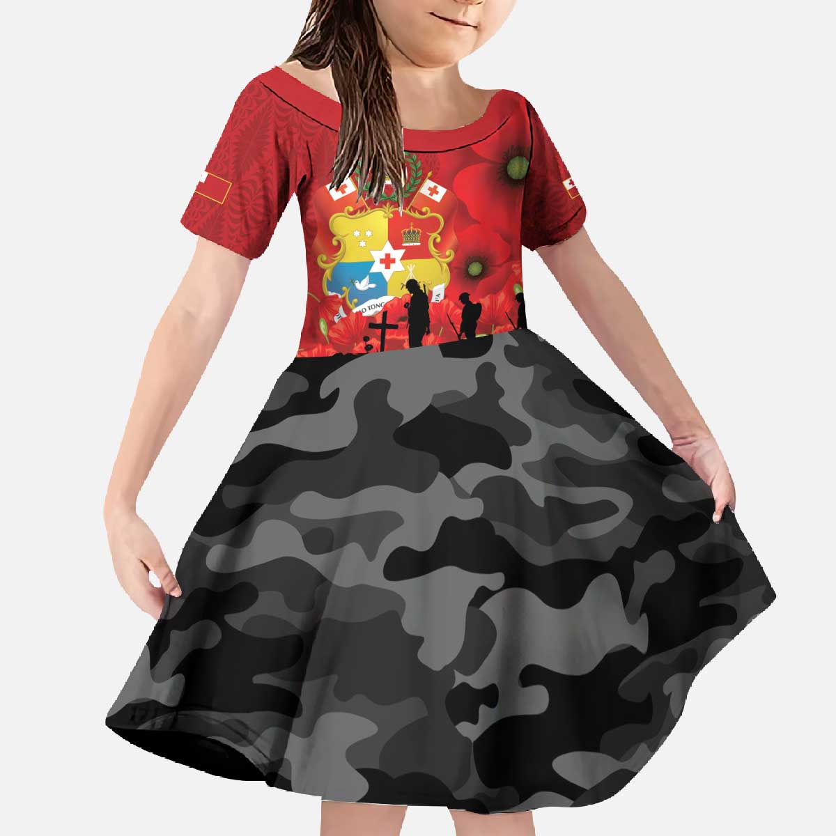 Tonga ANZAC Day Family Matching Off The Shoulder Long Sleeve Dress and Hawaiian Shirt Ngatu Pattern We Will Remember Them