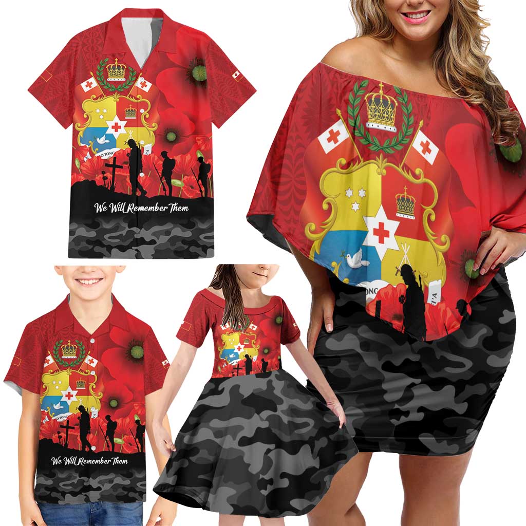 Tonga ANZAC Day Family Matching Off Shoulder Short Dress and Hawaiian Shirt Ngatu Pattern We Will Remember Them