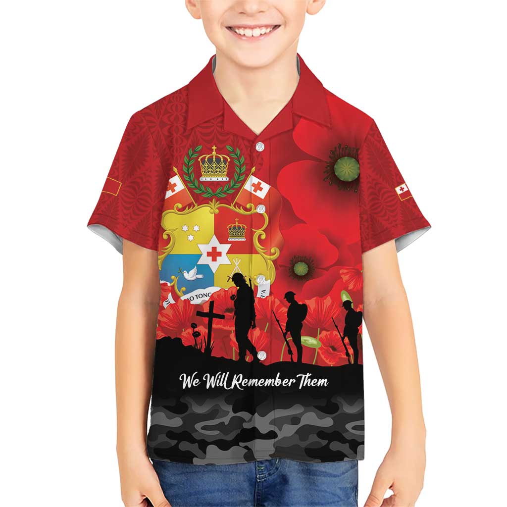 Tonga ANZAC Day Kid Hawaiian Shirt Ngatu Pattern We Will Remember Them