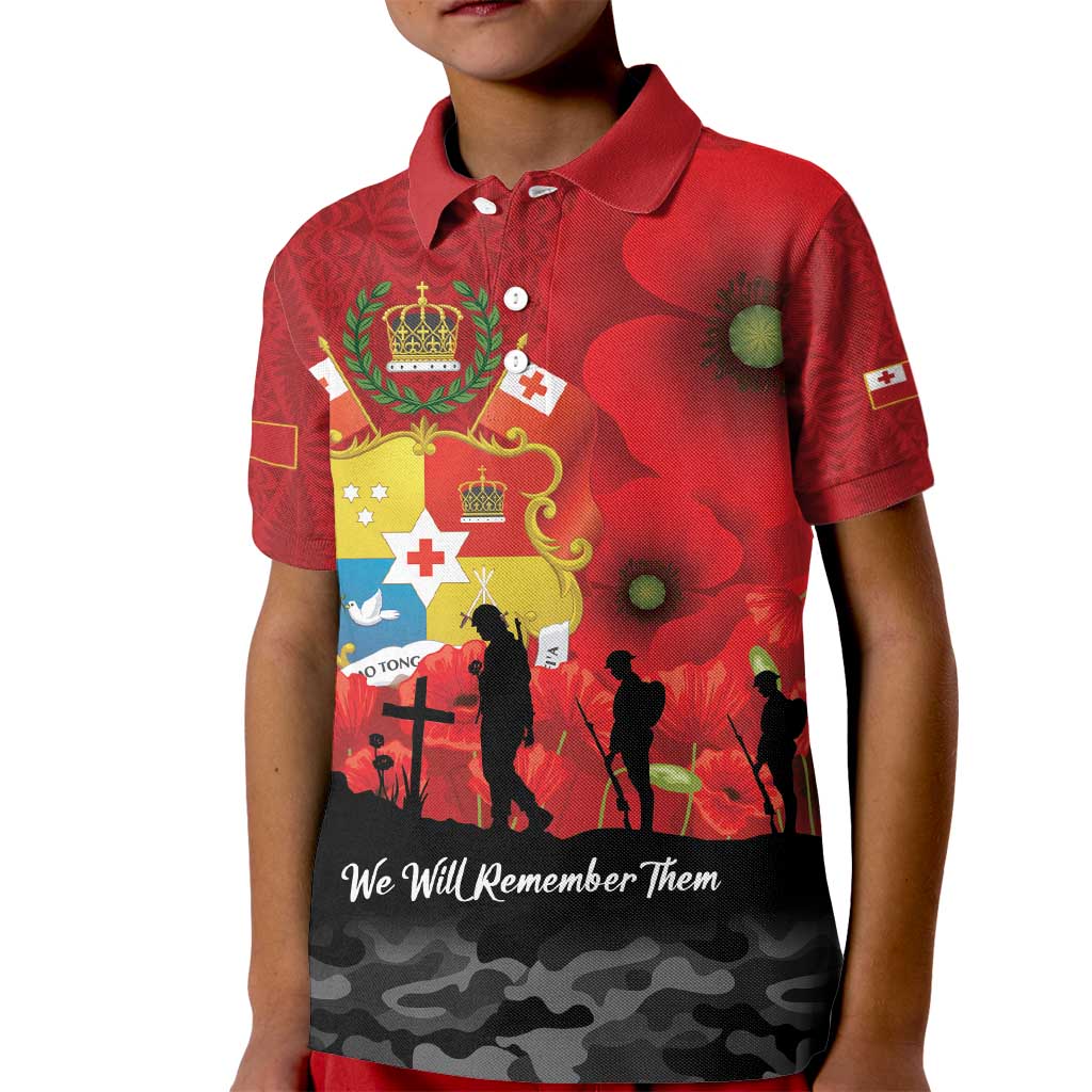 Tonga ANZAC Day Kid Polo Shirt Ngatu Pattern We Will Remember Them