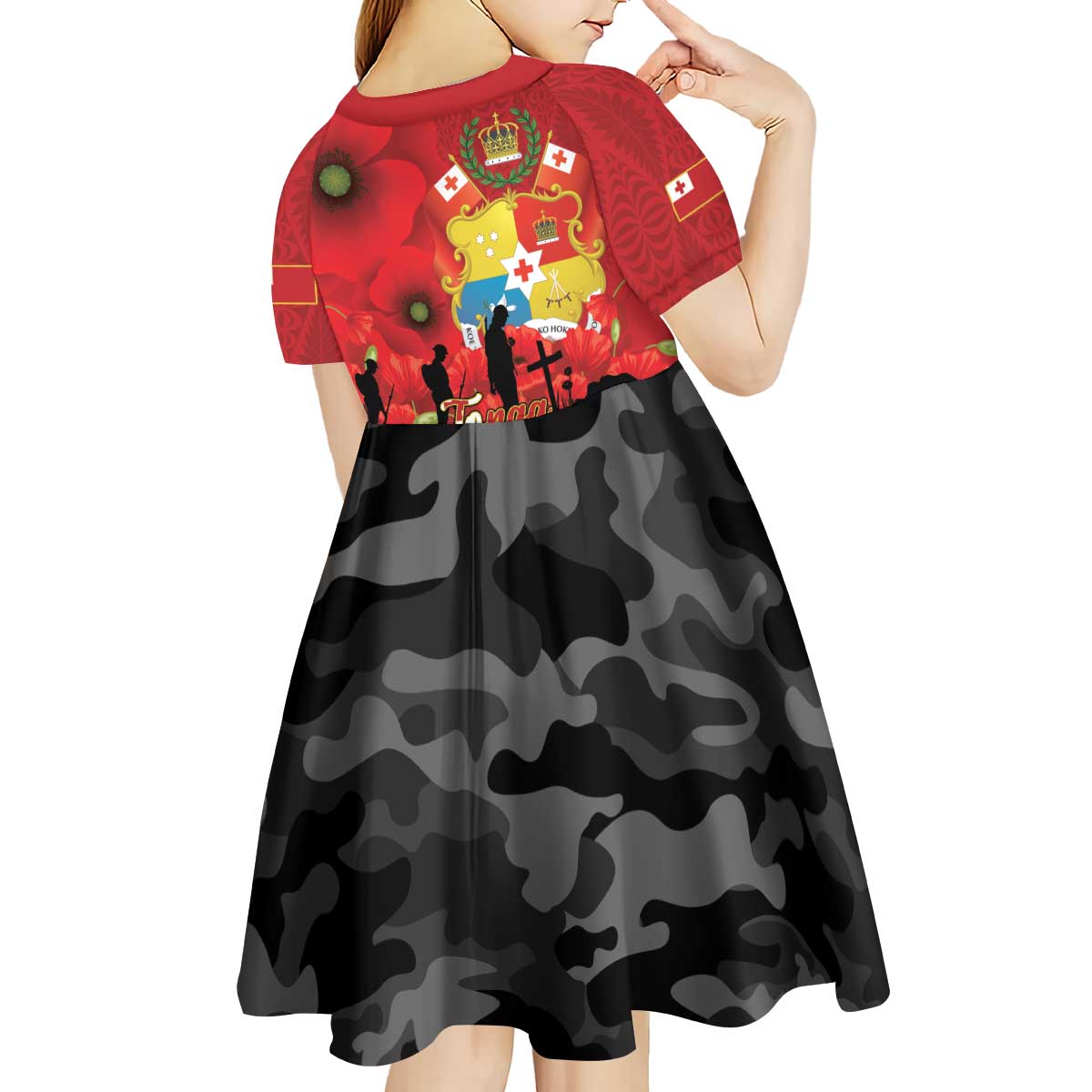 Tonga ANZAC Day Kid Short Sleeve Dress Ngatu Pattern We Will Remember Them