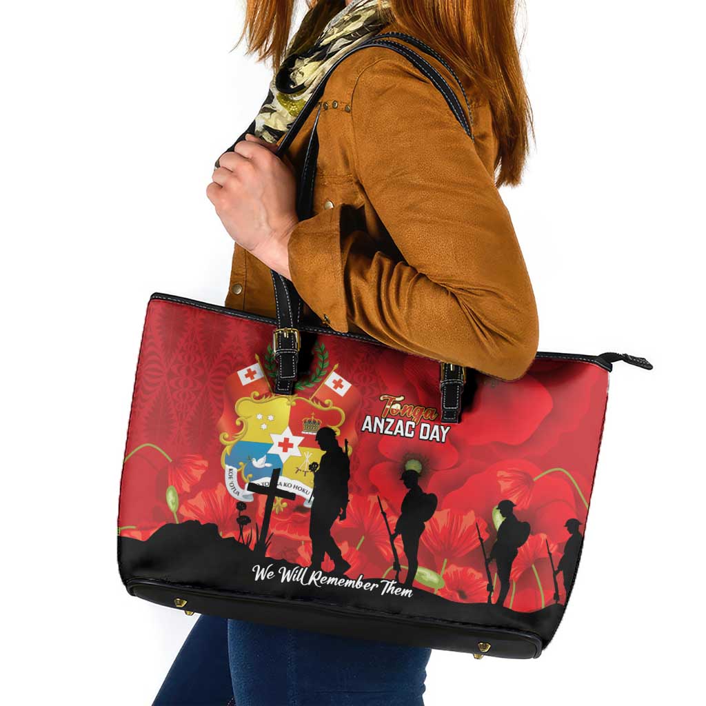 Tonga ANZAC Day Leather Tote Bag Ngatu Pattern We Will Remember Them