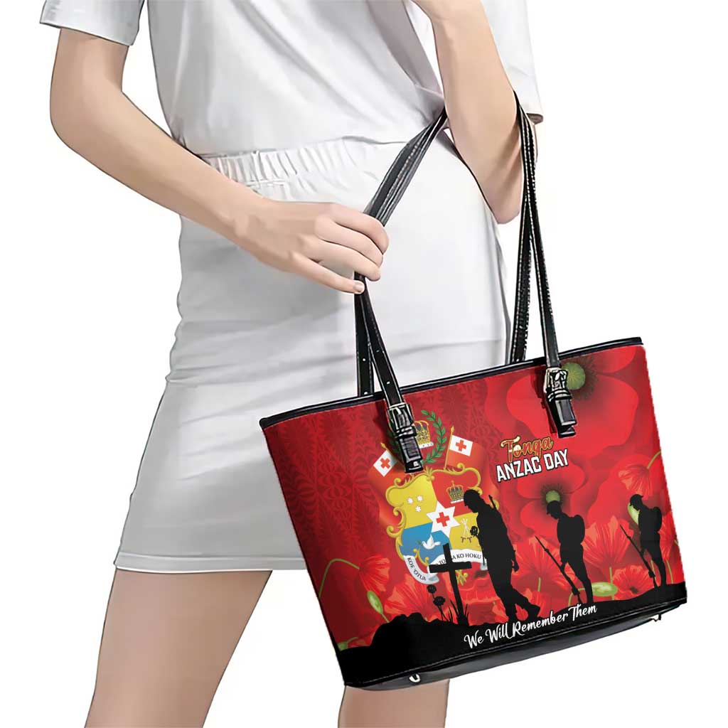 Tonga ANZAC Day Leather Tote Bag Ngatu Pattern We Will Remember Them