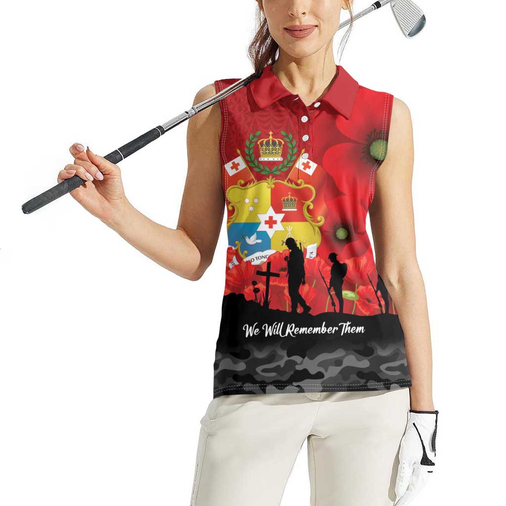 Tonga ANZAC Day Women Sleeveless Polo Shirt Ngatu Pattern We Will Remember Them