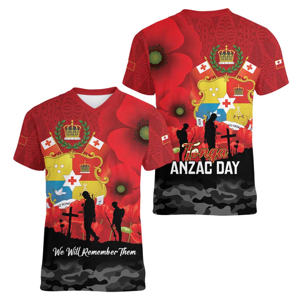 Tonga ANZAC Day Women V-Neck T-Shirt Ngatu Pattern We Will Remember Them