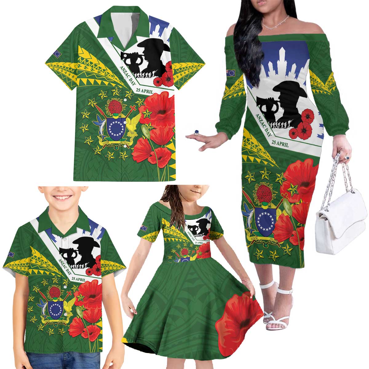 Cook Islands ANZAC Day Family Matching Off The Shoulder Long Sleeve Dress and Hawaiian Shirt Last Post Lest We Forget LT14 - Polynesian Pride