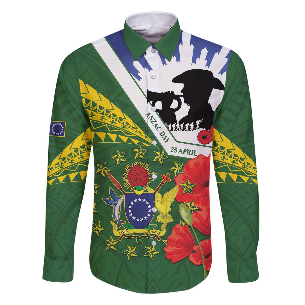 Cook Islands ANZAC Day Family Matching Off The Shoulder Long Sleeve Dress and Hawaiian Shirt Last Post Lest We Forget LT14 Dad's Shirt - Long Sleeve Green - Polynesian Pride