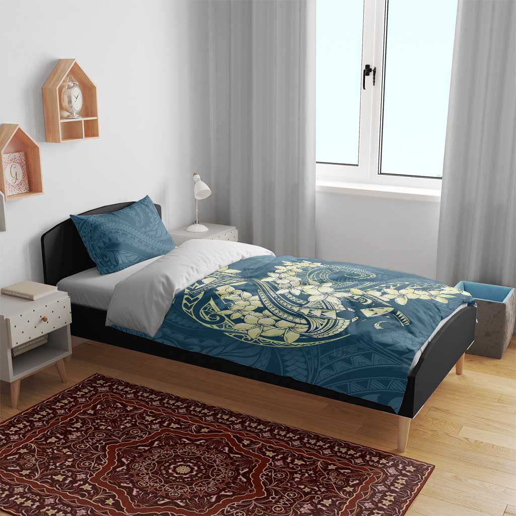 Cyan Polynesia Hammerhead Shark Tattoo With Plumeria Lei Bedding Set