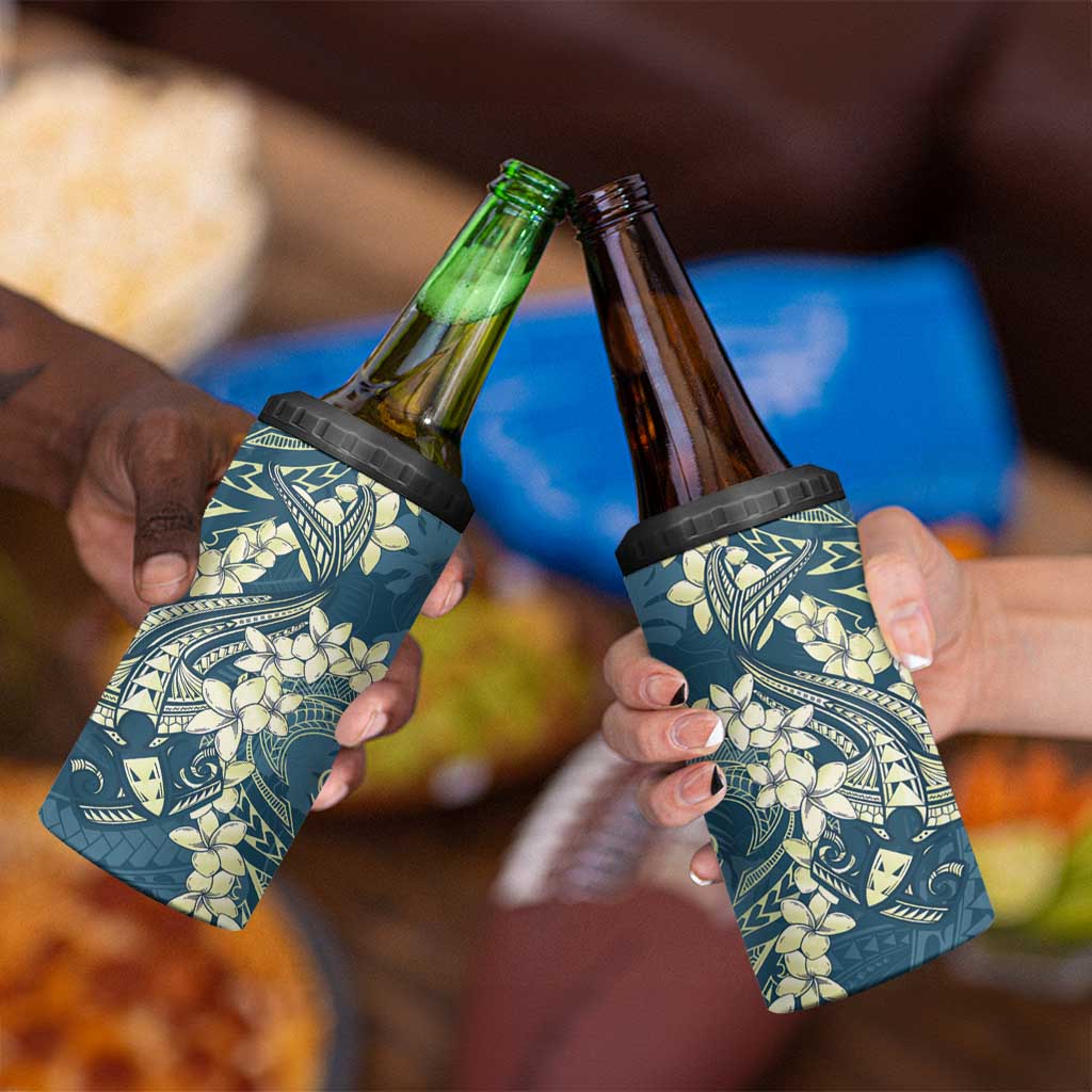 Cyan Polynesia Hammerhead Shark Tattoo With Plumeria Lei 4 in 1 Can Cooler Tumbler