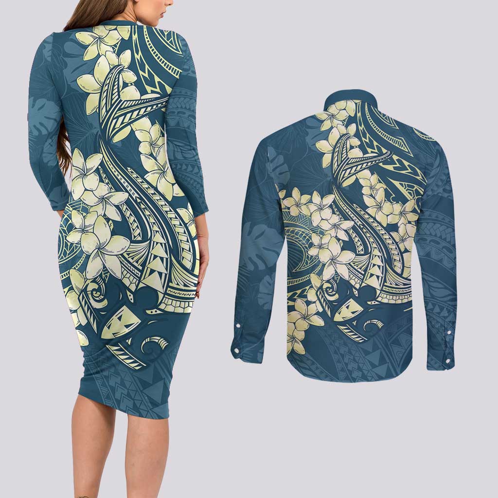 Cyan Polynesia Hammerhead Shark Tattoo With Plumeria Lei Couples Matching Long Sleeve Bodycon Dress and Long Sleeve Button Shirt
