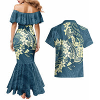 Cyan Polynesia Hammerhead Shark Tattoo With Plumeria Lei Couples Matching Mermaid Dress and Hawaiian Shirt