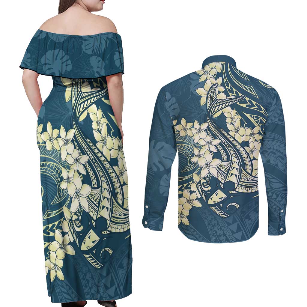 Cyan Polynesia Hammerhead Shark Tattoo With Plumeria Lei Couples Matching Off Shoulder Maxi Dress and Long Sleeve Button Shirt