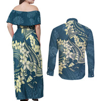 Cyan Polynesia Hammerhead Shark Tattoo With Plumeria Lei Couples Matching Off Shoulder Maxi Dress and Long Sleeve Button Shirt