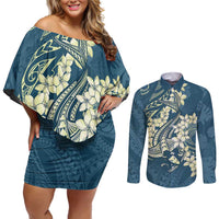 Cyan Polynesia Hammerhead Shark Tattoo With Plumeria Lei Couples Matching Off Shoulder Short Dress and Long Sleeve Button Shirt