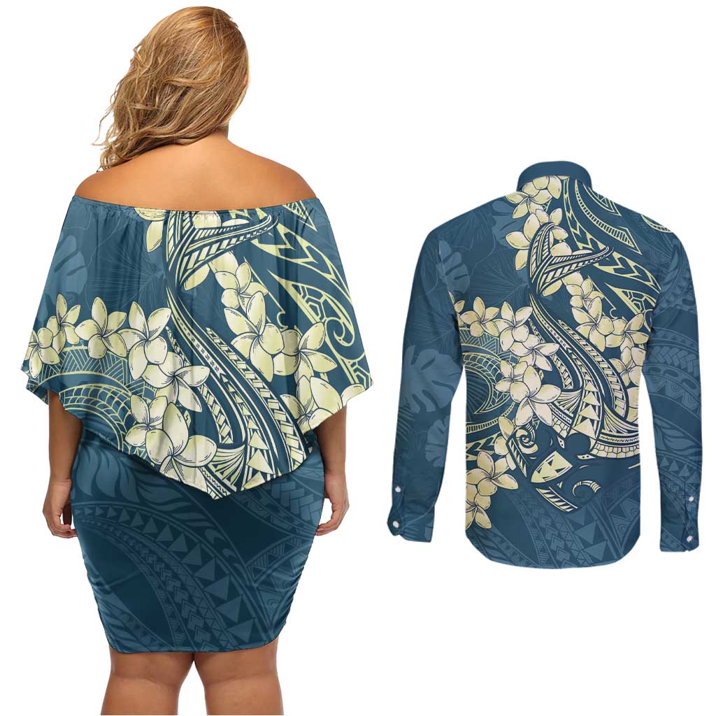 Cyan Polynesia Hammerhead Shark Tattoo With Plumeria Lei Couples Matching Off Shoulder Short Dress and Long Sleeve Button Shirt