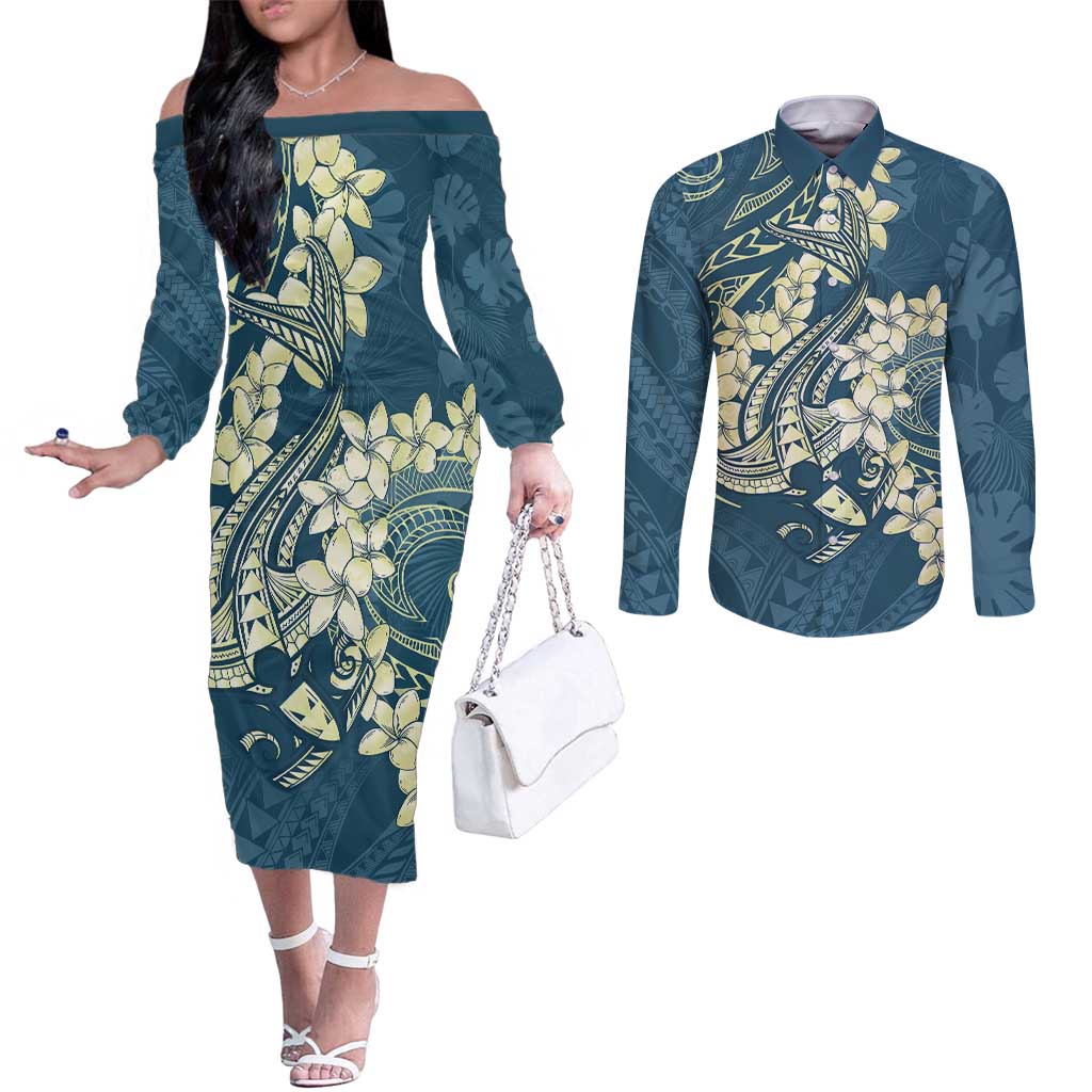 Cyan Polynesia Hammerhead Shark Tattoo With Plumeria Lei Couples Matching Off The Shoulder Long Sleeve Dress and Long Sleeve Button Shirt