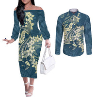 Cyan Polynesia Hammerhead Shark Tattoo With Plumeria Lei Couples Matching Off The Shoulder Long Sleeve Dress and Long Sleeve Button Shirt