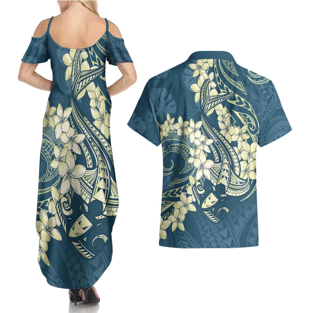 Cyan Polynesia Hammerhead Shark Tattoo With Plumeria Lei Couples Matching Summer Maxi Dress and Hawaiian Shirt