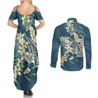 Cyan Polynesia Hammerhead Shark Tattoo With Plumeria Lei Couples Matching Summer Maxi Dress and Long Sleeve Button Shirt