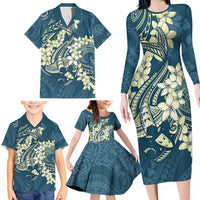 Cyan Polynesia Hammerhead Shark Tattoo With Plumeria Lei Family Matching Long Sleeve Bodycon Dress and Hawaiian Shirt LT14 - Polynesian Pride