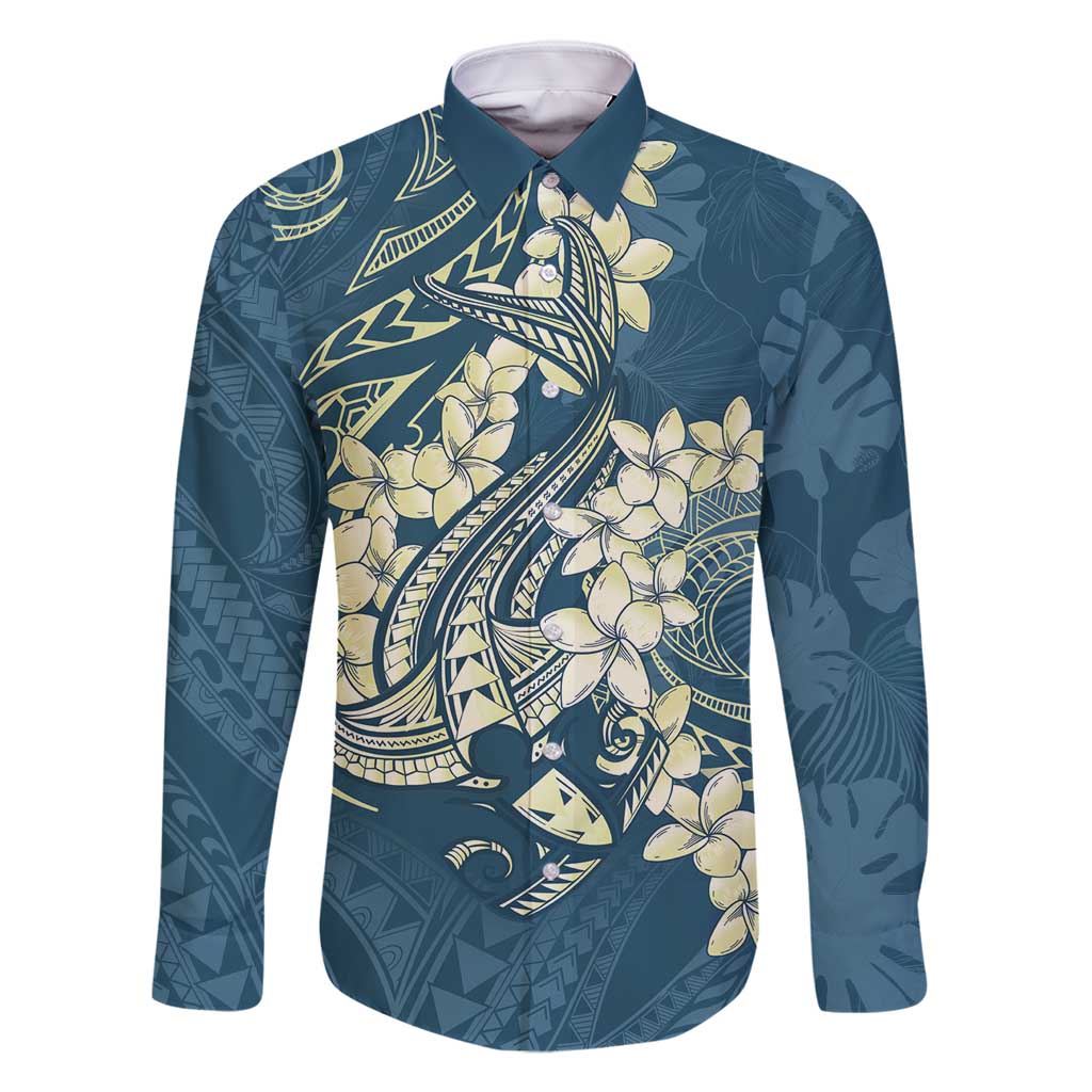 Cyan Polynesia Hammerhead Shark Tattoo With Plumeria Lei Family Matching Long Sleeve Bodycon Dress and Hawaiian Shirt LT14 Dad's Shirt - Long Sleeve Cyan - Polynesian Pride