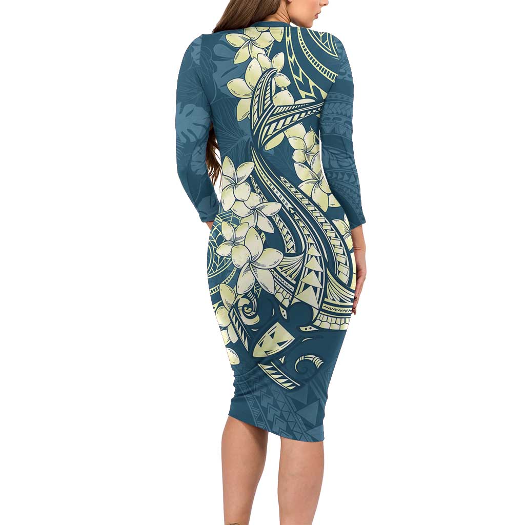 Cyan Polynesia Hammerhead Shark Tattoo With Plumeria Lei Family Matching Long Sleeve Bodycon Dress and Hawaiian Shirt LT14 - Polynesian Pride