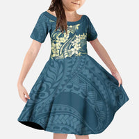 Cyan Polynesia Hammerhead Shark Tattoo With Plumeria Lei Family Matching Off The Shoulder Long Sleeve Dress and Hawaiian Shirt LT14 Daughter's Dress Cyan - Polynesian Pride