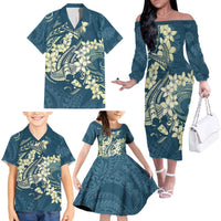 Cyan Polynesia Hammerhead Shark Tattoo With Plumeria Lei Family Matching Off The Shoulder Long Sleeve Dress and Hawaiian Shirt LT14 - Polynesian Pride