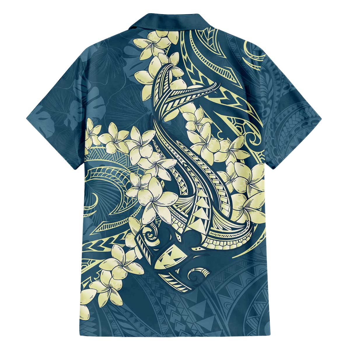 Cyan Polynesia Hammerhead Shark Tattoo With Plumeria Lei Family Matching Off The Shoulder Long Sleeve Dress and Hawaiian Shirt LT14 - Polynesian Pride