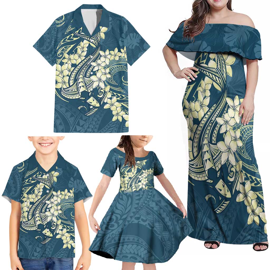 Cyan Polynesia Hammerhead Shark Tattoo With Plumeria Lei Family Matching Off Shoulder Maxi Dress and Hawaiian Shirt LT14 - Polynesian Pride