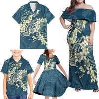 Cyan Polynesia Hammerhead Shark Tattoo With Plumeria Lei Family Matching Off Shoulder Maxi Dress and Hawaiian Shirt LT14 - Polynesian Pride