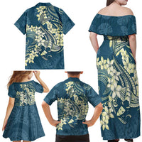 Cyan Polynesia Hammerhead Shark Tattoo With Plumeria Lei Family Matching Off Shoulder Maxi Dress and Hawaiian Shirt LT14 - Polynesian Pride