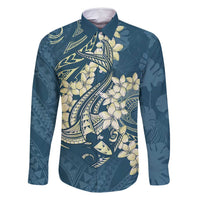 Cyan Polynesia Hammerhead Shark Tattoo With Plumeria Lei Family Matching Off Shoulder Maxi Dress and Hawaiian Shirt LT14 Dad's Shirt - Long Sleeve Cyan - Polynesian Pride