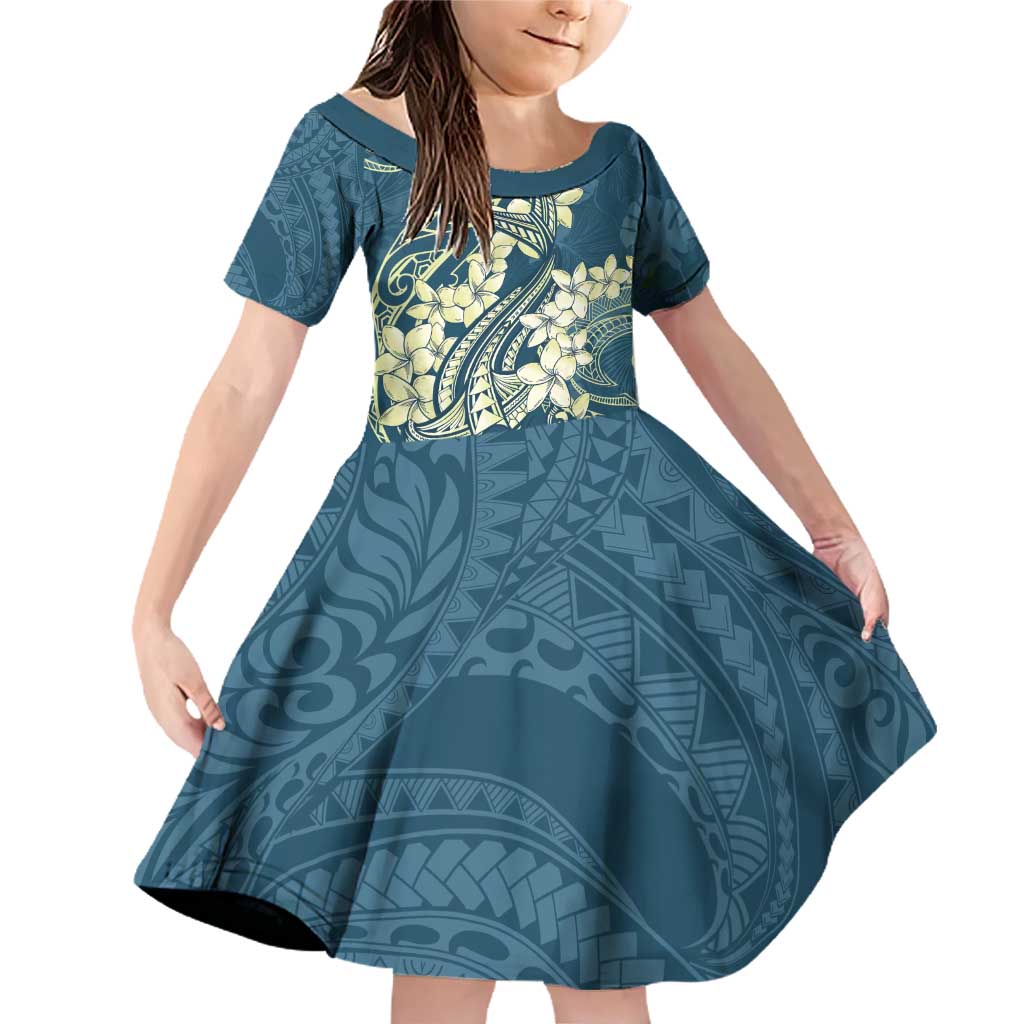 Cyan Polynesia Hammerhead Shark Tattoo With Plumeria Lei Family Matching Off Shoulder Short Dress and Hawaiian Shirt LT14 Daughter's Dress Cyan - Polynesian Pride