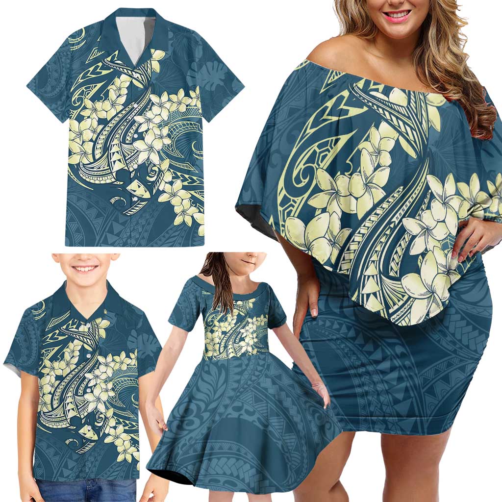 Cyan Polynesia Hammerhead Shark Tattoo With Plumeria Lei Family Matching Off Shoulder Short Dress and Hawaiian Shirt LT14 - Polynesian Pride