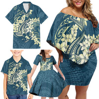 Cyan Polynesia Hammerhead Shark Tattoo With Plumeria Lei Family Matching Off Shoulder Short Dress and Hawaiian Shirt LT14 - Polynesian Pride